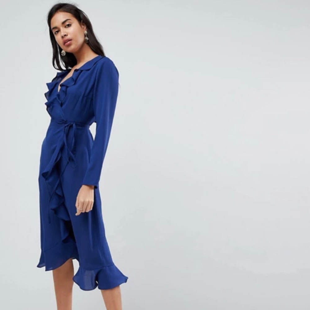 ASOS Blue Wrap Ruffle Dress - Picture 3 of 3